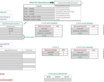 Tote Rack Calculator, Excel Smart Sheet, 27 Gallon Tote Rack Plans, 27 Gallon Bin Rack Plans, Storage Bin Rack, 17 Gallon Tote Rack Plans