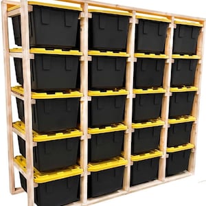 27 Gallon Tote Rack Plans, Tote Garage Storage Shelves, Organization Storage Plans, Basement Organizer, Lowes and Sams Club Totes Box Holder
