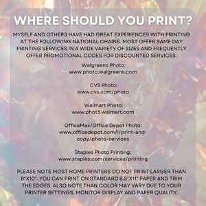 May include: A graphic with the text "Where Should You Print?" and a list of national chains that offer same-day printing services. The text also notes that most home printers do not print larger than 8"x10" and that colour may vary due to printer settings, monitor display, and paper quality.