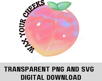 May include: A peach-colored sticker with a peach illustration and the text "Wax Your Cheeks" in a circular design.