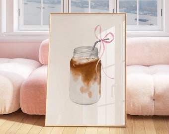 Iced Coffee Art Print, Printable Poster, Coquette Pink Bow Bedroom Decor, Trendy Wall Art, Preppy College Apartment, Soft Girl Aesthetic