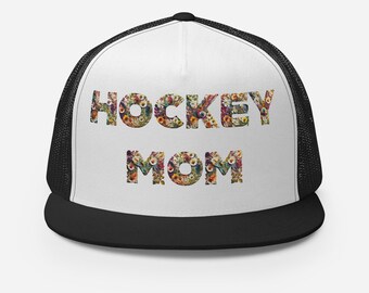 Hockey Mom Trucker Cap - Embroidered Floral Print 'HOCKEY MOM'