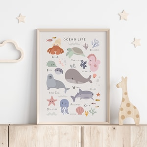 Lámina infantil Ocean Life, lámina de arte mural con animales marinos, lámina infantil, póster infantil, lámina infantil