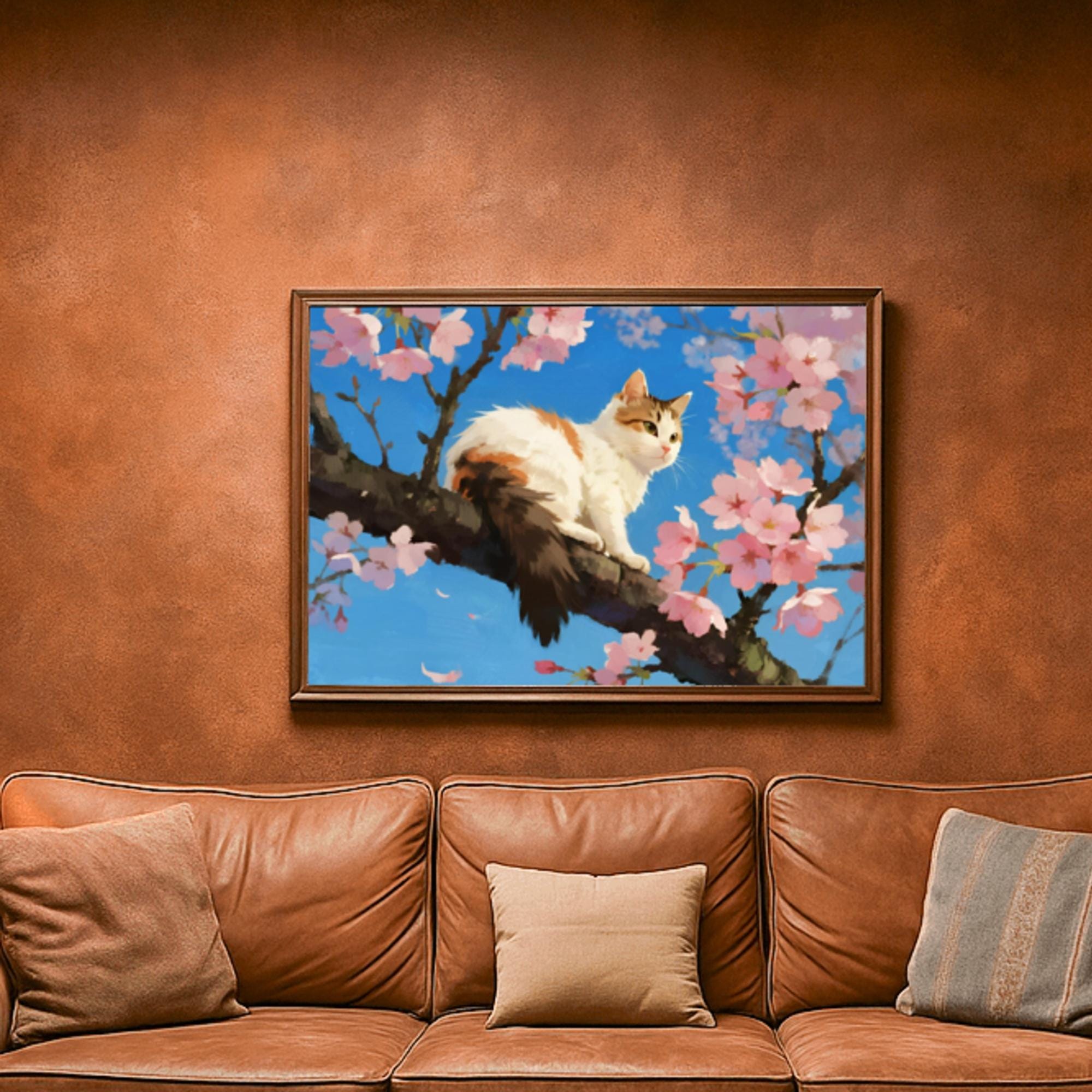 Calico Cat in Cherry Blossoms Wall Art | Painterly Spring Sakura Tree ...