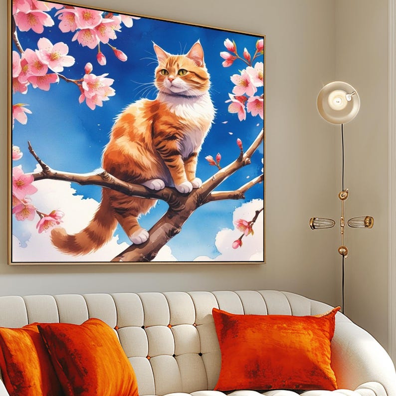 Tabby Cat Wall Art Print | Orange Tabby Cherry Blossom Cottagecore ...