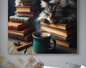 Cozy Wall Art Print Book Lover | Cats and Books Decor for Coffee Nook, Perfect Gift for Cat Lovers
