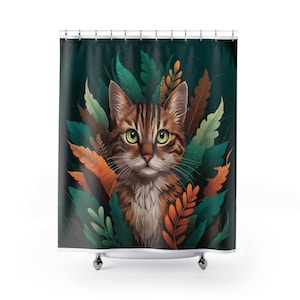 Jungle Cat Shower Curtain | Tabby Kitten Botanical Bathroom Decor | Emerald Green Boho | Cat Lover Gift | Waterproof