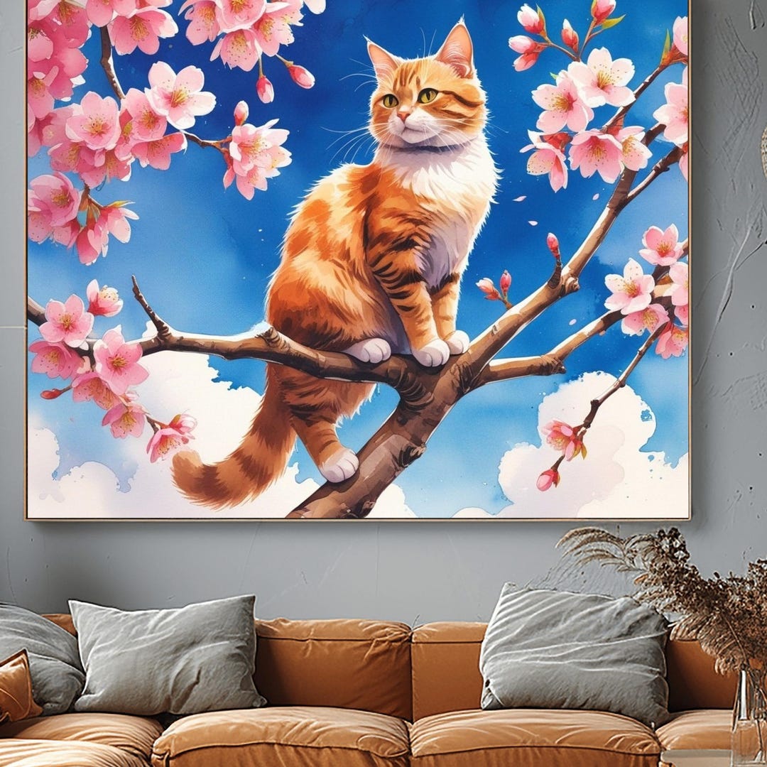 Tabby Cat Wall Art Print | Orange Tabby Cherry Blossom Cottagecore ...