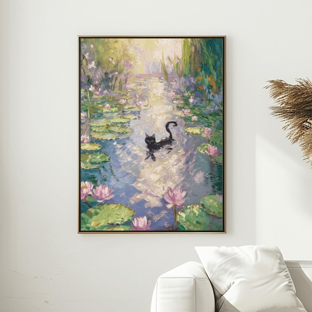 Black Cat Lily Pond Art Print | Impressionist Cat Wall Art | Monet ...