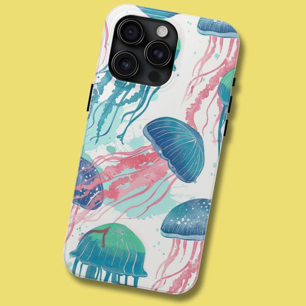 Jellyfish in a Swirling Ocean Phone Case for iPhone 15, 14, 13, 12, 11, Plus, Pro, Max, Mini, X, XR, XS, Max, 7, 8, SE Gift for Summer Beach