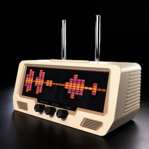 May include: Cream-colored retro-style digital audio device with a display showing a colorful sound wave. Features two silver antennas and three black control knobs. The display shows a sound wave in shades of orange and pink.