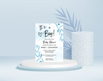 Blue Floral Baby Boy Shower Invitation, Its A Boy Baby Shower Invite, Baby Shower Invitation, Editable Digital Template, Instant Download