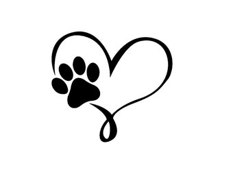 May include: Black paw print inside a stylized heart shape. The paw print is centered in the heart.