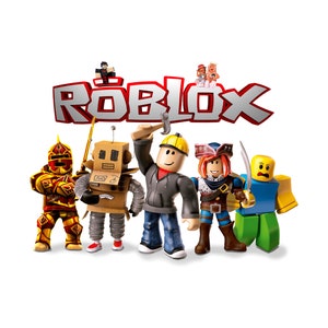 May include: A group of five cartoon characters standing in front of the word "ROBLOX" in red and white letters. The characters are a knight, a robot, a builder, a pirate, and a yellow character with a blue shirt.