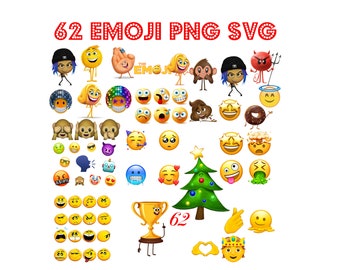 May include: A set of 62 emoji PNG and SVG files featuring various characters and expressions, including a devil, a monkey, a Christmas tree, a trophy, and a heart. The emojis are yellow with black outlines and are in a variety of poses.