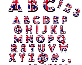 United Kingdom flag alphabet clipart, png Union Jack blue red and white font png  with letters, numbers, punctuation; for commercial use 5