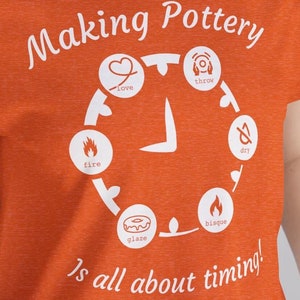 May include: Orange t-shirt with a white graphic of a clock face with different stages of pottery making, including love, throw, fire, dry, glaze, and bisque. The text "Making Pottery is all about timing!" is below the clock.