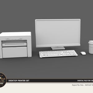 Peut inclure: Un ensemble d'imprimante de bureau blanc, comprenant un moniteur, un clavier, une souris et une tasse à café. L'imprimante est à gauche, avec le moniteur et le clavier au centre. La souris et la tasse sont à droite. L'ensemble est sur une surface grise.