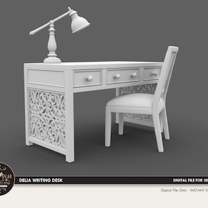 May include: A white writing desk with three drawers and a matching chair. The desk features ornate side panels and a small lamp. The text "DELIA WRITING DESK" is visible. Digital file for 3D printing.