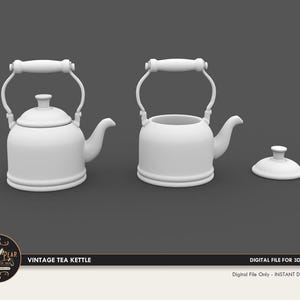 May include: Two matte white tea kettles with curved spouts and arched handles. One kettle is fully assembled with a lid, while the other is shown open with its lid placed separately to the side. The text reads VINTAGE TEA KETTLE.