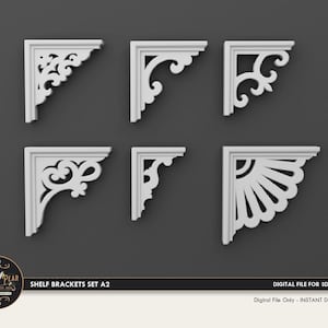Puede incluir: Conjunto de seis soportes de estantería blancos con diseños decorativos intrincados. Los soportes están hechos para impresión 3D y están disponibles para descarga instantánea.