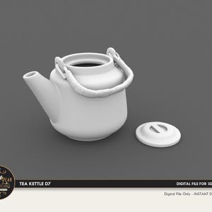 May include: A matte white 3D digital model of a tea kettle featuring a rounded body, a curved spout, and a textured swing handle. The kettle is shown with its circular lid placed separately to the right side, displaying a central handle slot.