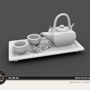 1:12 Tea Set M6 tea tray with cups and teapot  Dollhouse Miniature - 3D STL PRINT file Instant Download