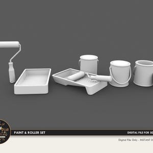 May include: A set of white paint cans and a paint roller with tray. The paint cans have lids and the roller has a handle. The set is for 3D printing.