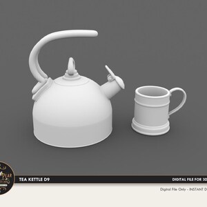 May include: A matte white 3D model of a tea kettle with a curved handle and a spout, accompanied by a matching white mug with a side handle. The image includes the text "THE DOVE & PEAR", "TEA KETTLE D9", and "DIGITAL FILE FOR 3D PRINTING".