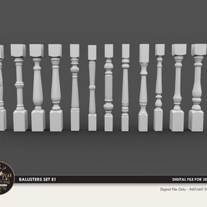 Puede incluir: Conjunto de 12 balaustres blancos imprimibles en 3D, cada uno con un diseño único. Balusters Set E1. Archivo digital para impresión 3D. Archivo digital únicamente - descarga instantánea.