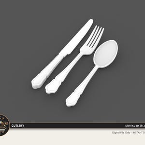 May include: A set of three white plastic utensils, a knife, fork, and spoon, with ornate handles. The utensils are arranged in a row on a gray background.
