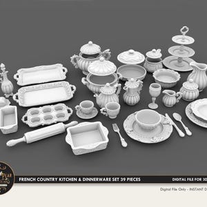May include: A collection of 39-piece white French country kitchen and dinnerware set. Includes teacups, serving trays, bowls, a rolling pin, and a tiered serving stand. The set is a digital file for 3D printing.