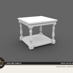 May include: White wooden sofa end table with a lower shelf. The table has turned legs and a square top.