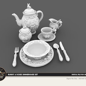 1:12 Bunny Roses Dollhouse Dinnerware Dishes Set (STL Print File)