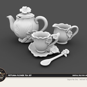 1:12 Petunia Flower Teapot Set teacups, saucer, spoon  Dollhouse Miniature - 3D STL PRINT file Instant Download
