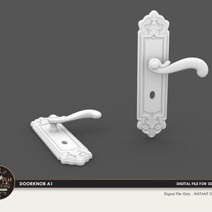Puede incluir: Un modelo digital 3D blanco de un juego de manijas de puerta con una placa rectangular ornamentada con volutas intrincadas en la parte superior e inferior, una manija curva y una cerradura. El texto DOORKNOB A1 y DIGITAL FILE FOR 3D PRINTING es visible.