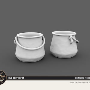 May include: Two white ceramic pots with a rustic, aged look. The pots have a rounded shape and a wide opening. One pot has a handle on the top.