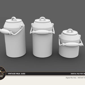 May include: Three white vintage milk jugs with handles. The jugs are different sizes and are made of a smooth, white material.