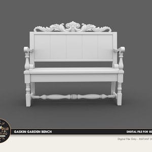 Puede incluir: Un banco de jardín blanco y ornamentado con respaldo decorativo y reposabrazos. El banco presenta un diseño tallado detallado en el respaldo y un soporte horizontal inferior. El texto "Gaskin Garden Bench" está incluido.