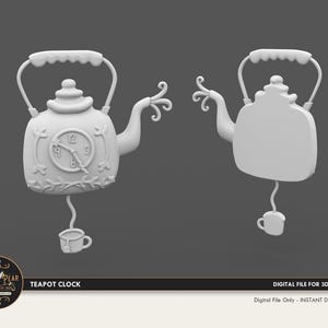 May include: A white 3D model of a teapot-shaped wall clock featuring a clock face on the front, a curved handle, a decorative spout, and a small teacup pendulum hanging from the bottom. The design includes embossed floral details.