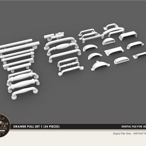 May include: A collection of thirty-four white drawer pulls in various shapes and sizes, including bar handles, arched pulls, and cup handles. The image includes text reading DRAWER PULL SET 1 (34 PIECES) and DIGITAL FILE FOR 3D PRINTING.
