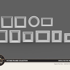 Puede incluir: Una colección de nueve marcos de fotos blancos en varios tamaños y formas, incluyendo cuadrados, rectangulares y redondos. Los marcos están dispuestos en una fila sobre un fondo gris. El texto "PICTURE FRAMES COLLECTION" es visible en la parte inferior de la imagen.