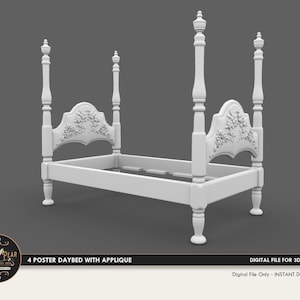 1:12 4 Poster Daybed with Applique Dollhouse Miniature - 3D STL PRINT file Instant Download