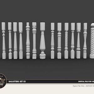 Puede incluir: Un conjunto de 15 diseños de balaustres imprimibles en 3D. Los balaustres son de diferentes estilos, incluyendo lisos, acanalados y retorcidos. Los balaustres son todos blancos y se muestran sobre un fondo gris. BALUSTERS SET E2