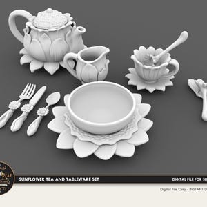 1:12 Dollhouse Miniature Sunflower Teapot & Tableware Set - 3D Print STL File