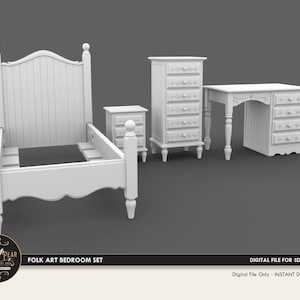 1:12 Bedroom Set Folk Art Style bed Dollhouse Miniature - 3D STL PRINT file Instant Download