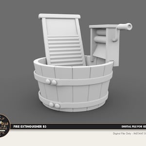 Puede incluir: Un extintor de incendios de madera blanco con forma de tina de lavar vintage con un escurridor. La tina tiene una tapa de madera con listones y un asa. El escurridor está unido al lado de la tina y tiene un asa.