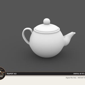 Puede incluir: Un modelo digital 3D blanco de una tetera redonda con tapa, asa curva y pico corto. La imagen incluye el texto "TEAPOT A3" y "DIGITAL 3D STL & OBJ FILE" junto con un logotipo circular que presenta un icono de una paloma y una pera.
