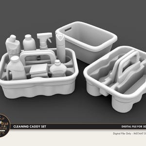 Puede incluir: Un conjunto de tres cubos de limpieza blancos. Un cubo contiene productos de limpieza como botellas y pulverizadores. Otro es un cubo rectangular simple. El tercer cubo tiene un asa y compartimentos. El texto "CLEANING CADDY SET" es visible.