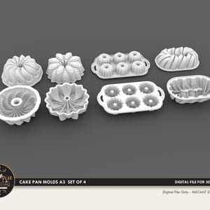 May include: A collection of white cake pan molds in various shapes, including bundt and individual cakelet designs. The image includes the text "CAKE PAN MOLDS A3 SET OF 4" and "DIGITAL FILE FOR 3D PRINTING".